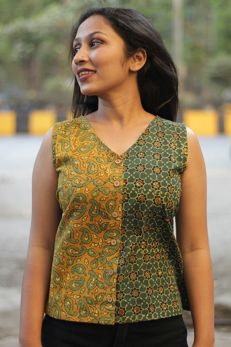 Front Buttoned Vest | Ajrakh Mustard Kairi & Green Trellis