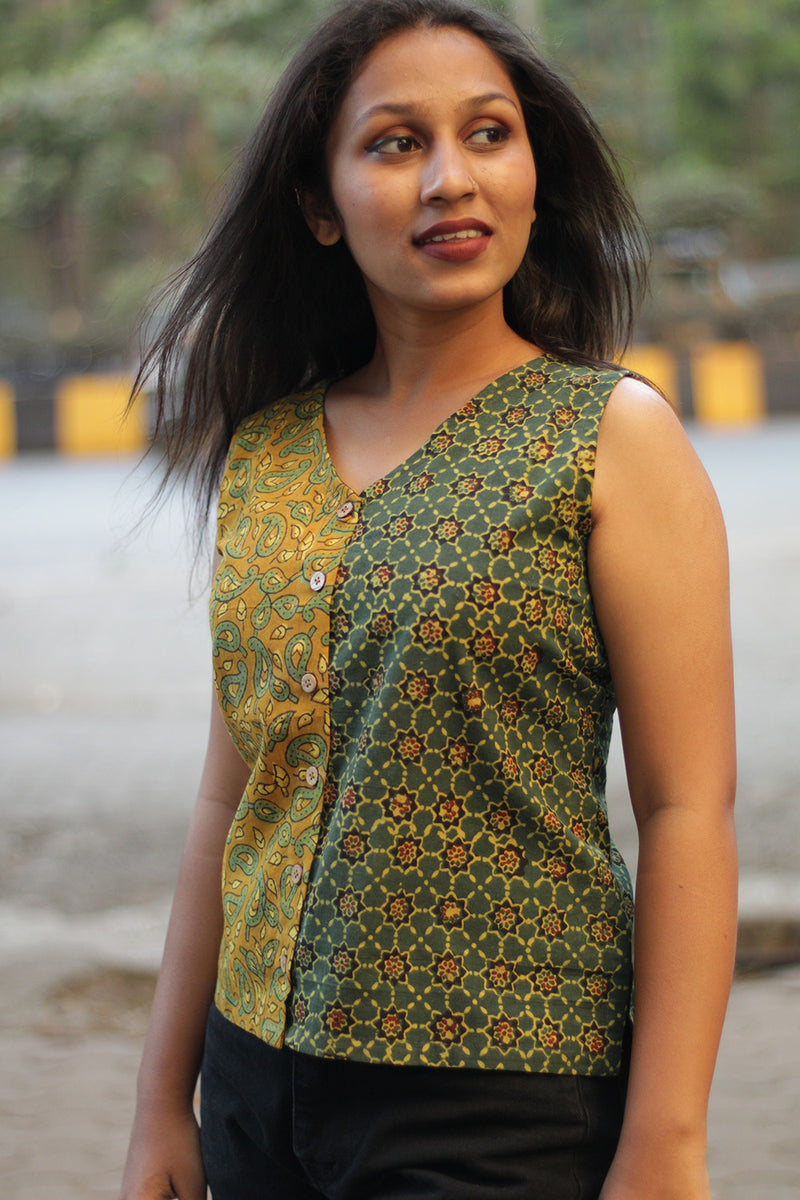 Front Buttoned Vest | Ajrakh Mustard Kairi & Green Trellis