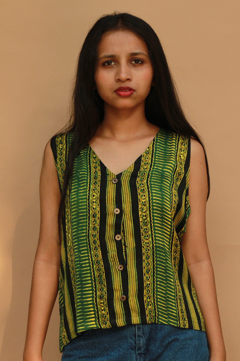 Front Buttoned Vest | Modal Silk | Lime Stripes Ajrakh