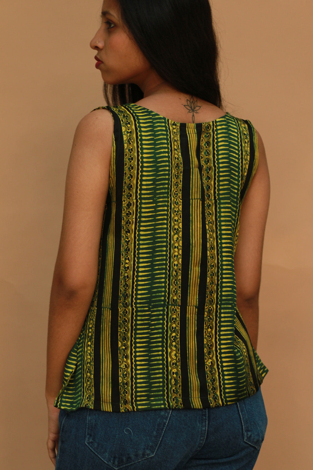 Front Buttoned Vest | Modal Silk | Lime Stripes Ajrakh