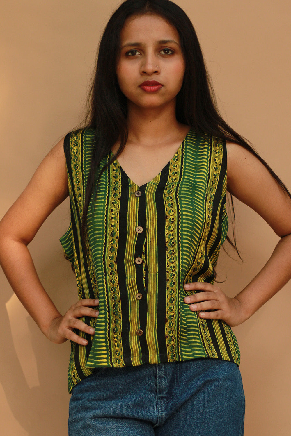 Front Buttoned Vest | Modal Silk | Lime Stripes Ajrakh