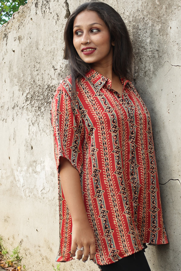 Tara | Ajrakh Modal Shirt | Red Abstract Stripes