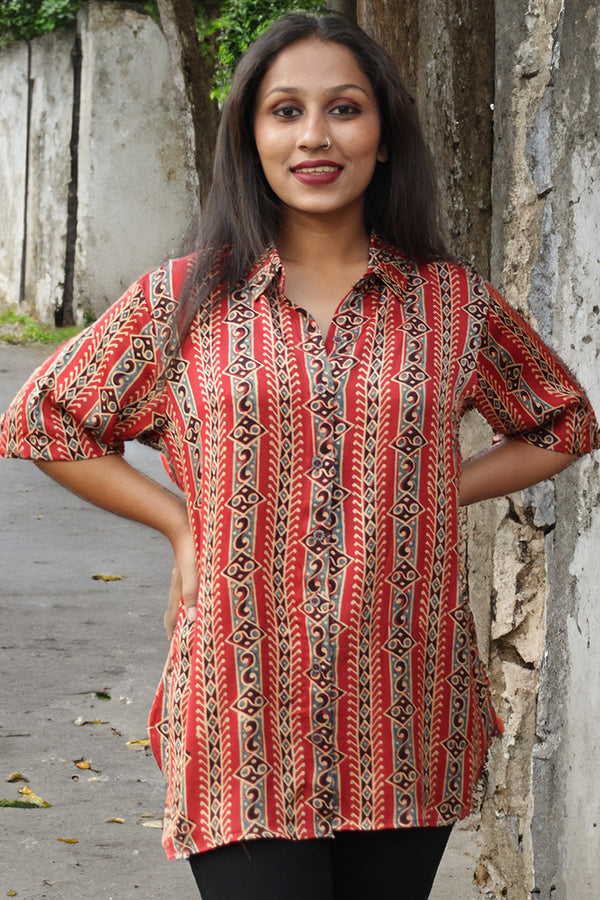 Tara | Ajrakh Modal Shirt | Red Abstract Stripes