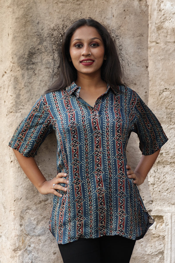 Tara | Ajrakh Modal Shirt | Blue Striped