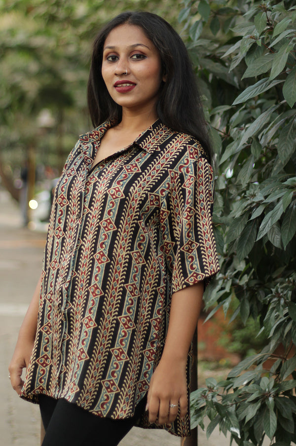 Tara | Ajrakh Modal Shirt | Noir Striped