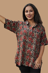 Tara | Ajrakh Modal Shirt | Noir with Red Leaves
