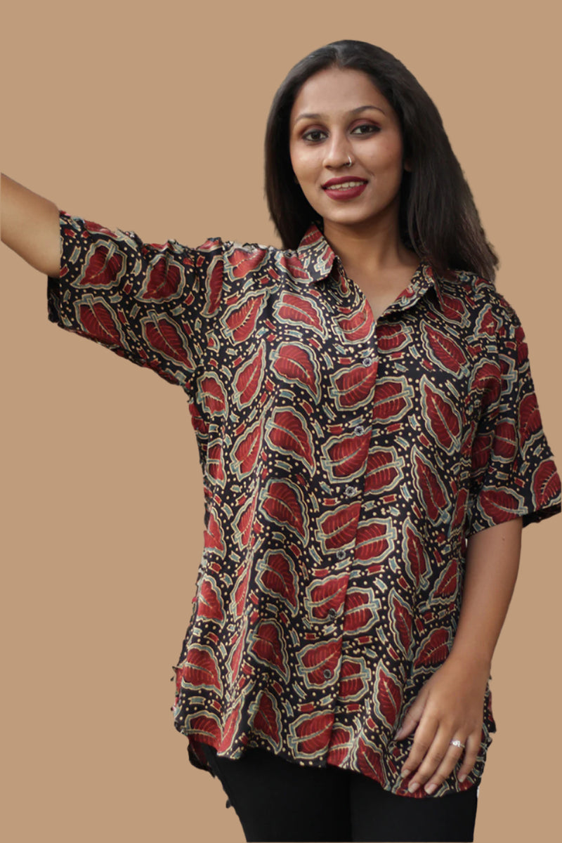 Tara | Ajrakh Modal Shirt | Noir with Red Leaves
