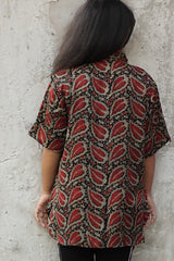 Tara | Ajrakh Modal Shirt | Noir with Red Leaves