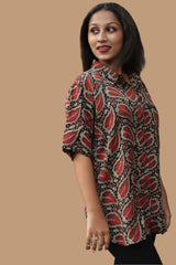 Tara | Ajrakh Modal Shirt | Noir with Red Leaves
