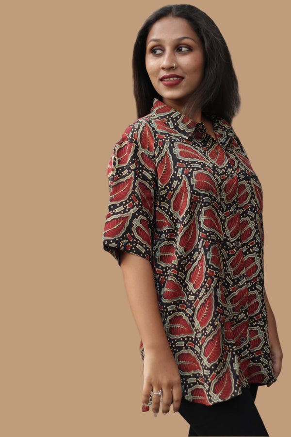 Tara | Ajrakh Modal Shirt | Noir with Red Leaves