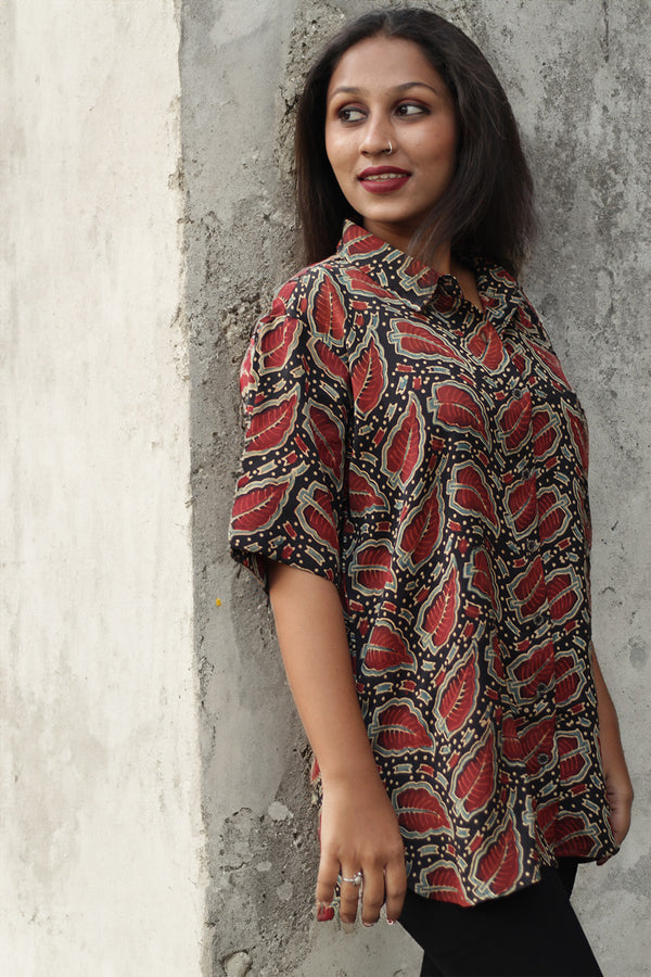 Tara | Ajrakh Modal Shirt | Noir with Red Leaves