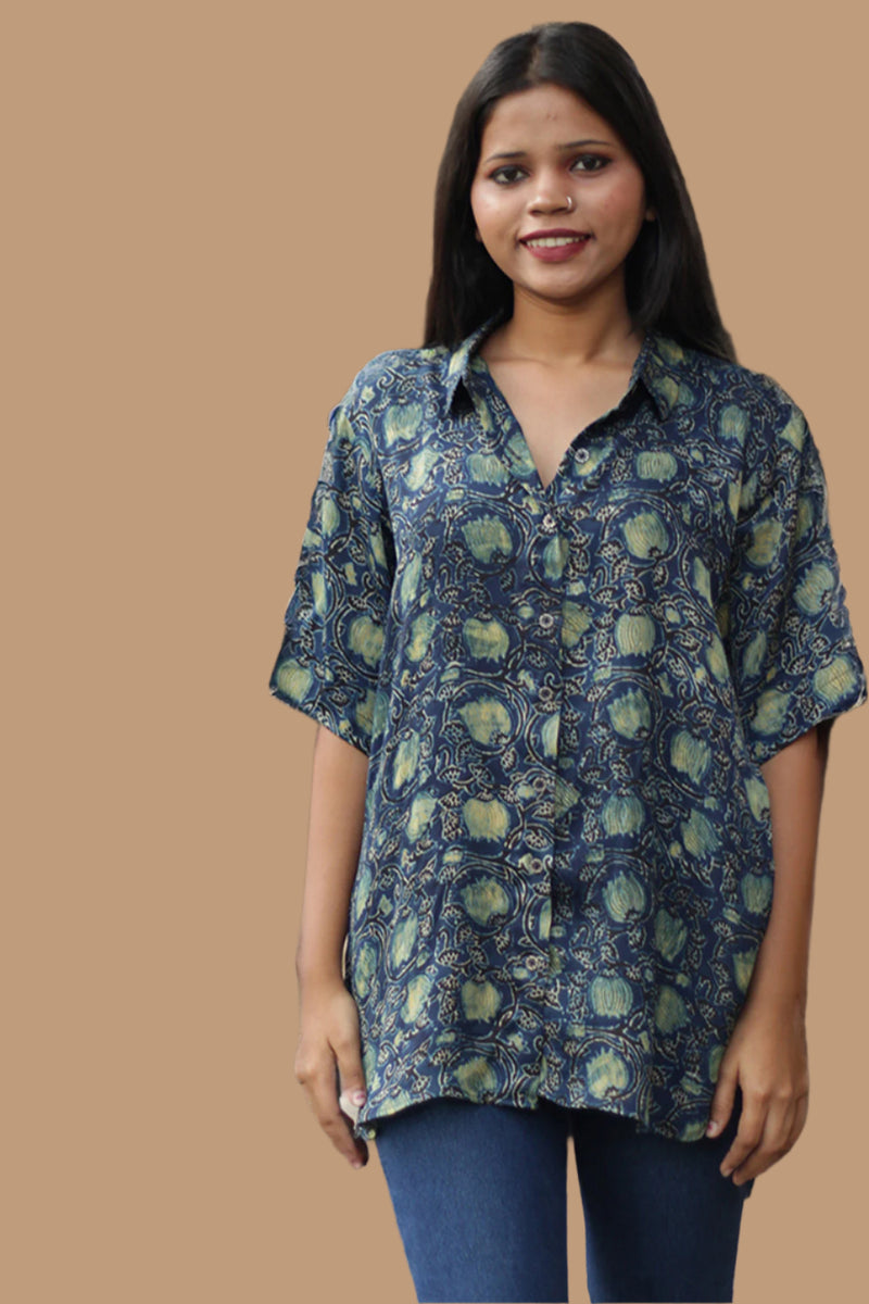Tara | Ajrakh Modal Shirt | Indigo with Lotus