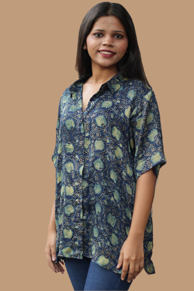 Tara | Ajrakh Modal Shirt | Indigo with Lotus