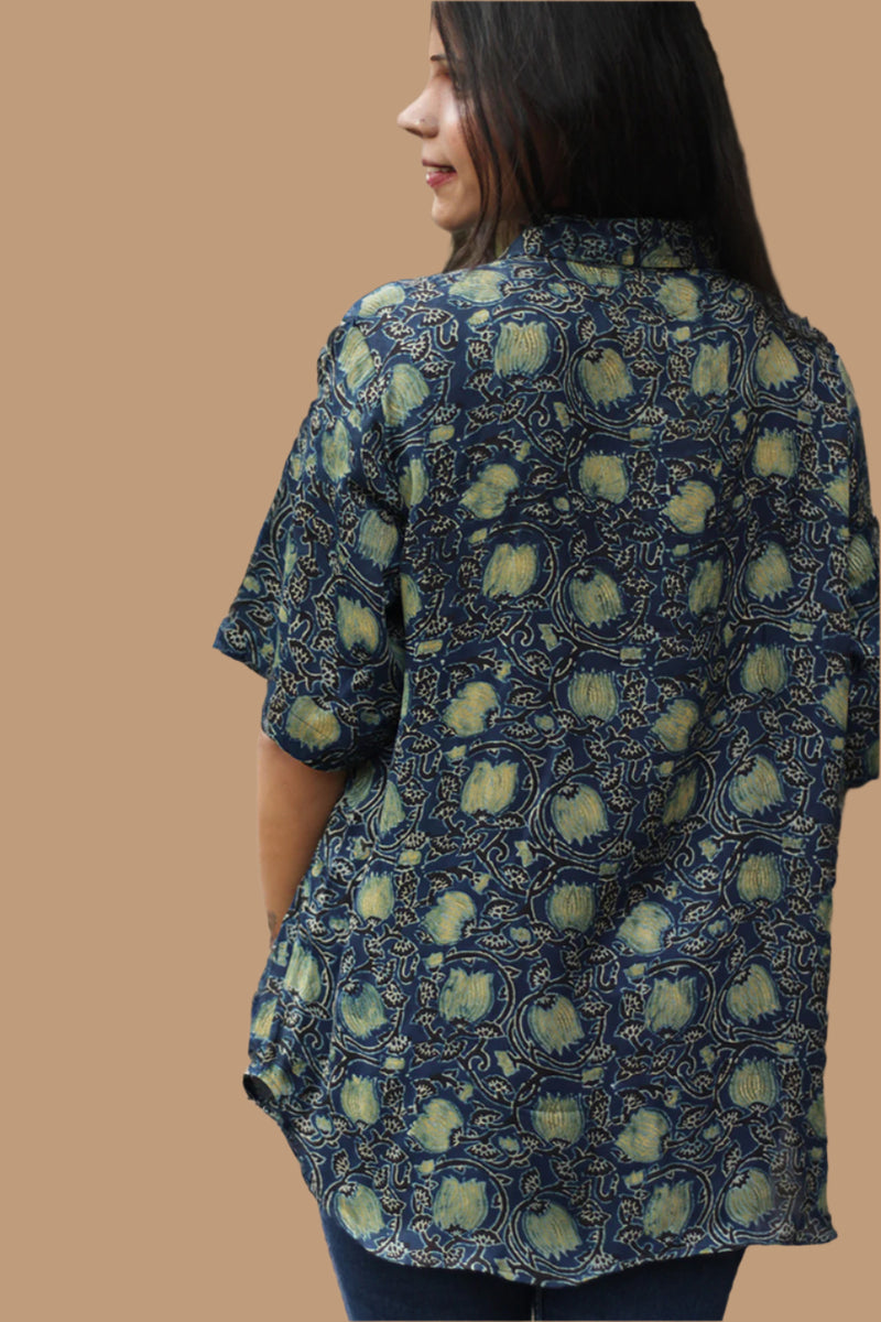 Tara | Ajrakh Modal Shirt | Indigo with Lotus