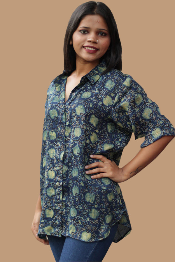 Tara | Ajrakh Modal Shirt | Indigo with Lotus