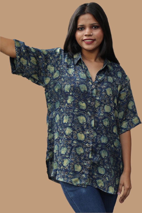 Tara | Ajrakh Modal Shirt | Indigo with Lotus