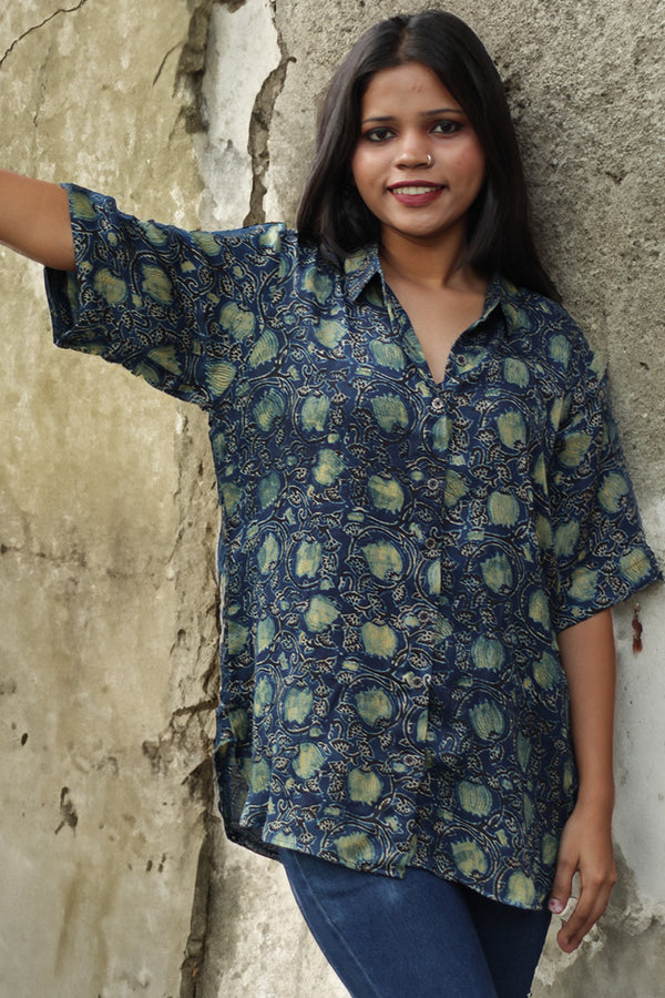 Tara | Ajrakh Modal Shirt | Indigo with Lotus