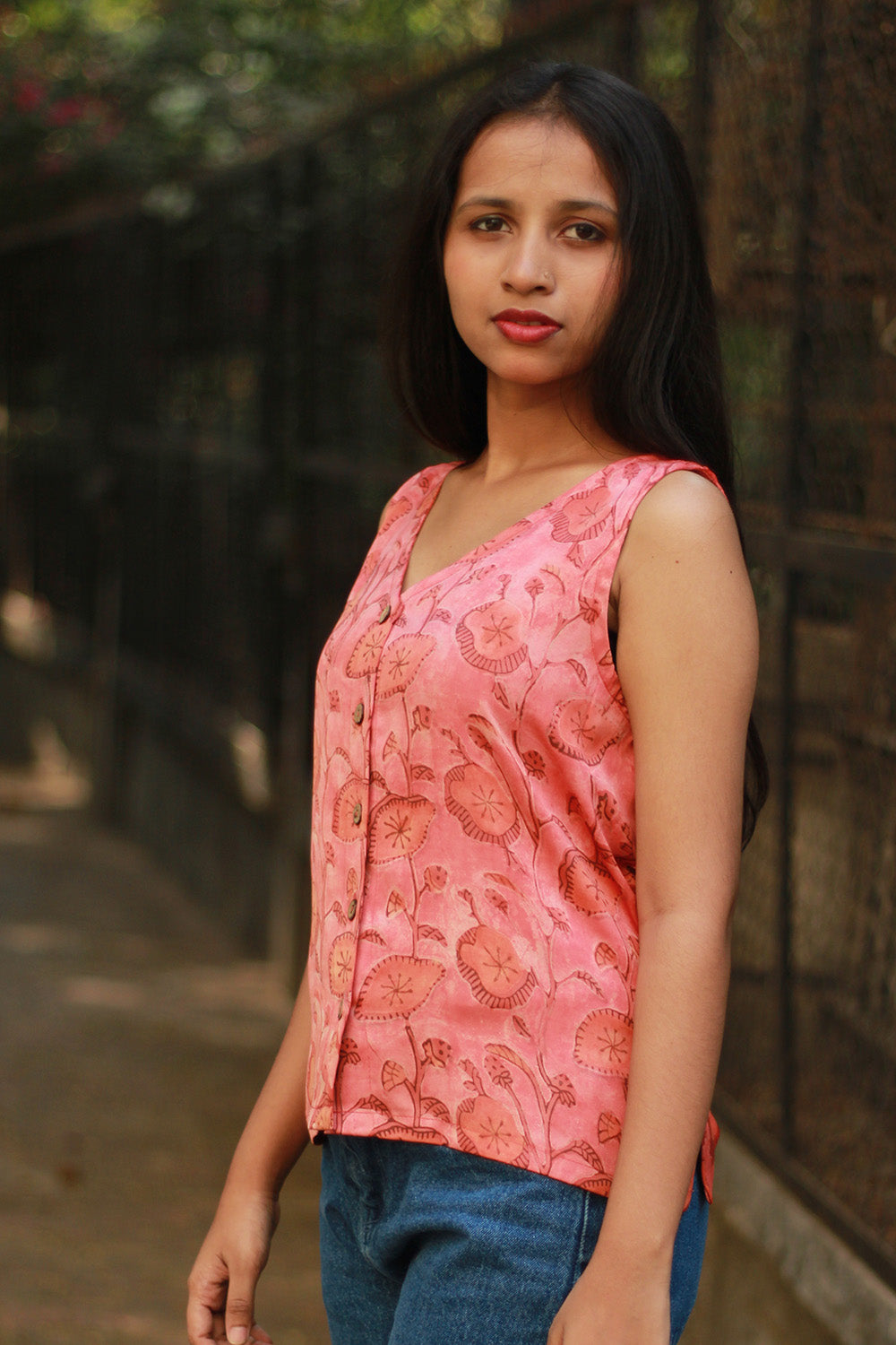 Front Buttoned Vest | Modal Silk | Peach Vanaspati