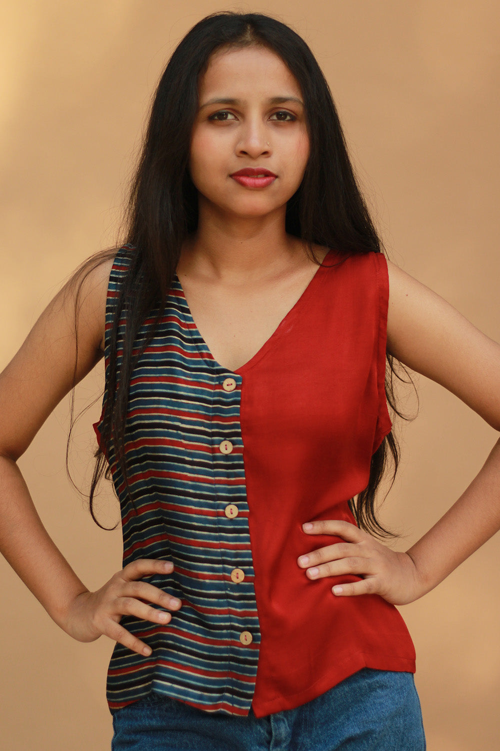 Front Buttoned Vest | Modal Silk | Rouge with Ajrakh Stripes