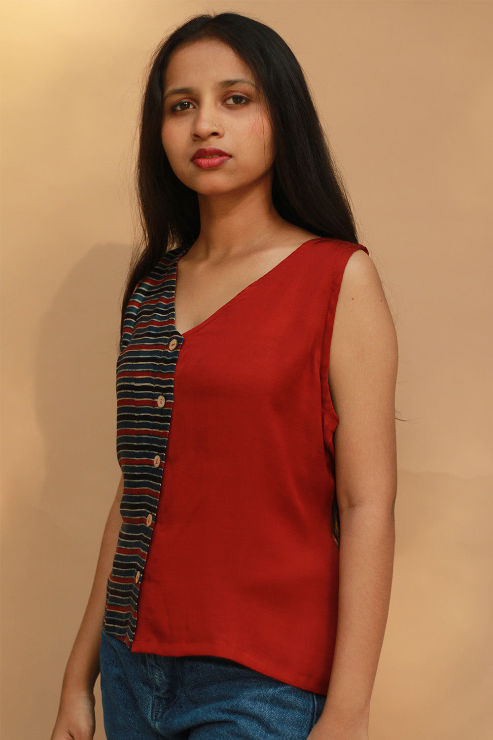 Front Buttoned Vest | Modal Silk | Rouge with Ajrakh Stripes