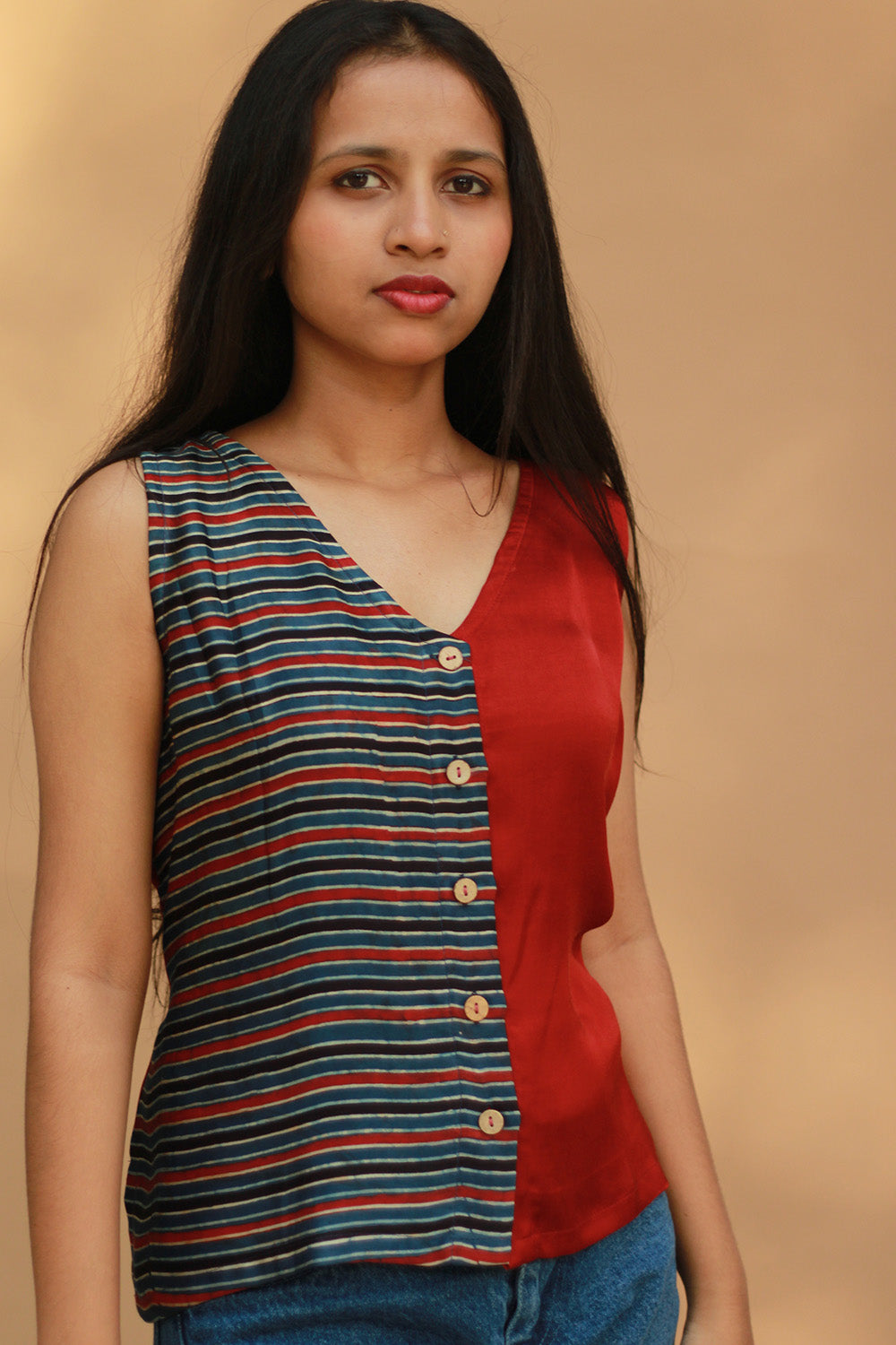 Front Buttoned Vest | Modal Silk | Rouge with Ajrakh Stripes
