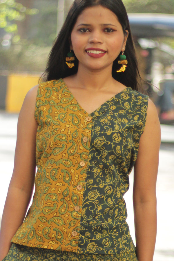 Front Buttoned Vest | Ajrakh Mustard Kairi & Green Floral