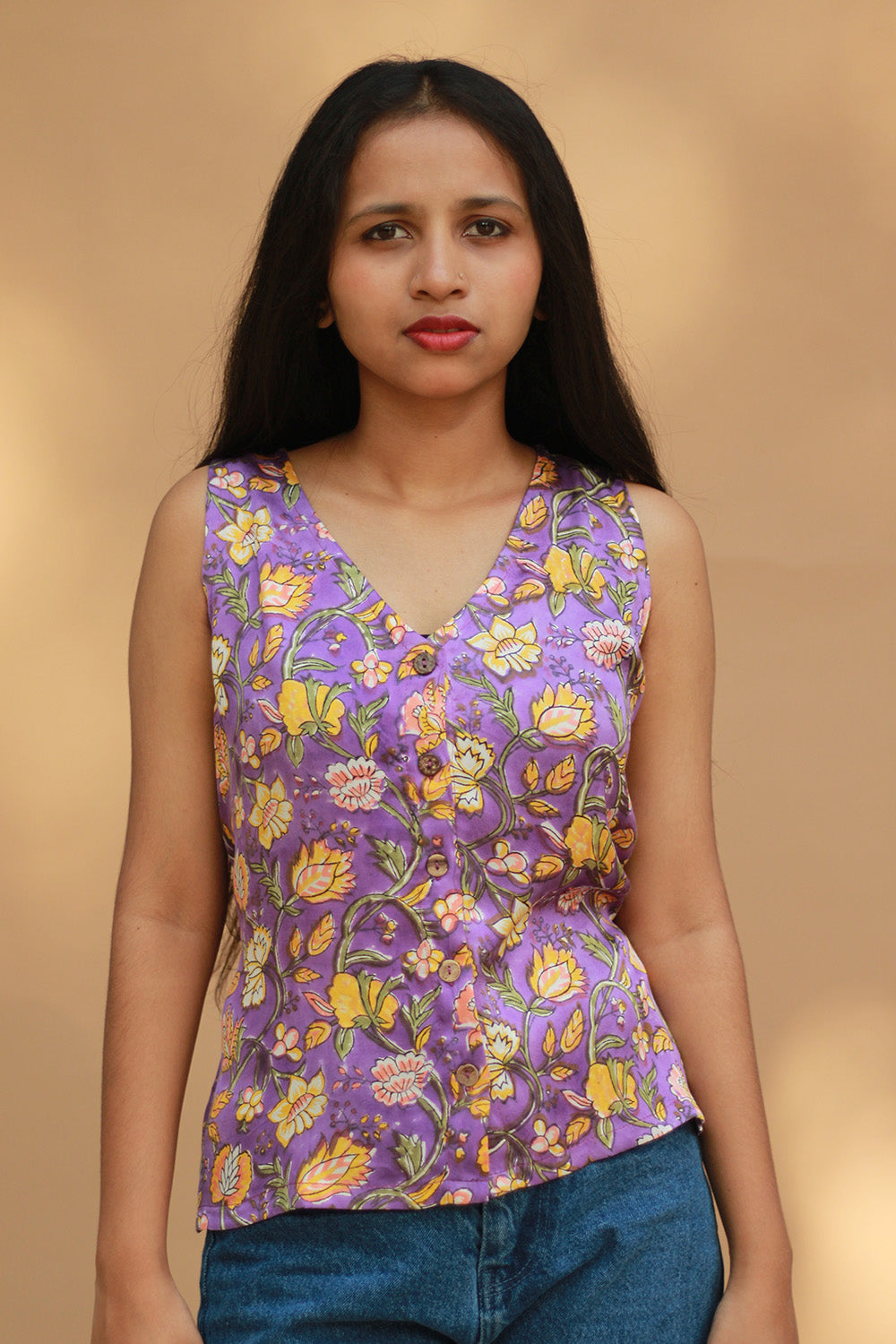 Front Buttoned Vest | Modal Silk | Purple Sanganeri