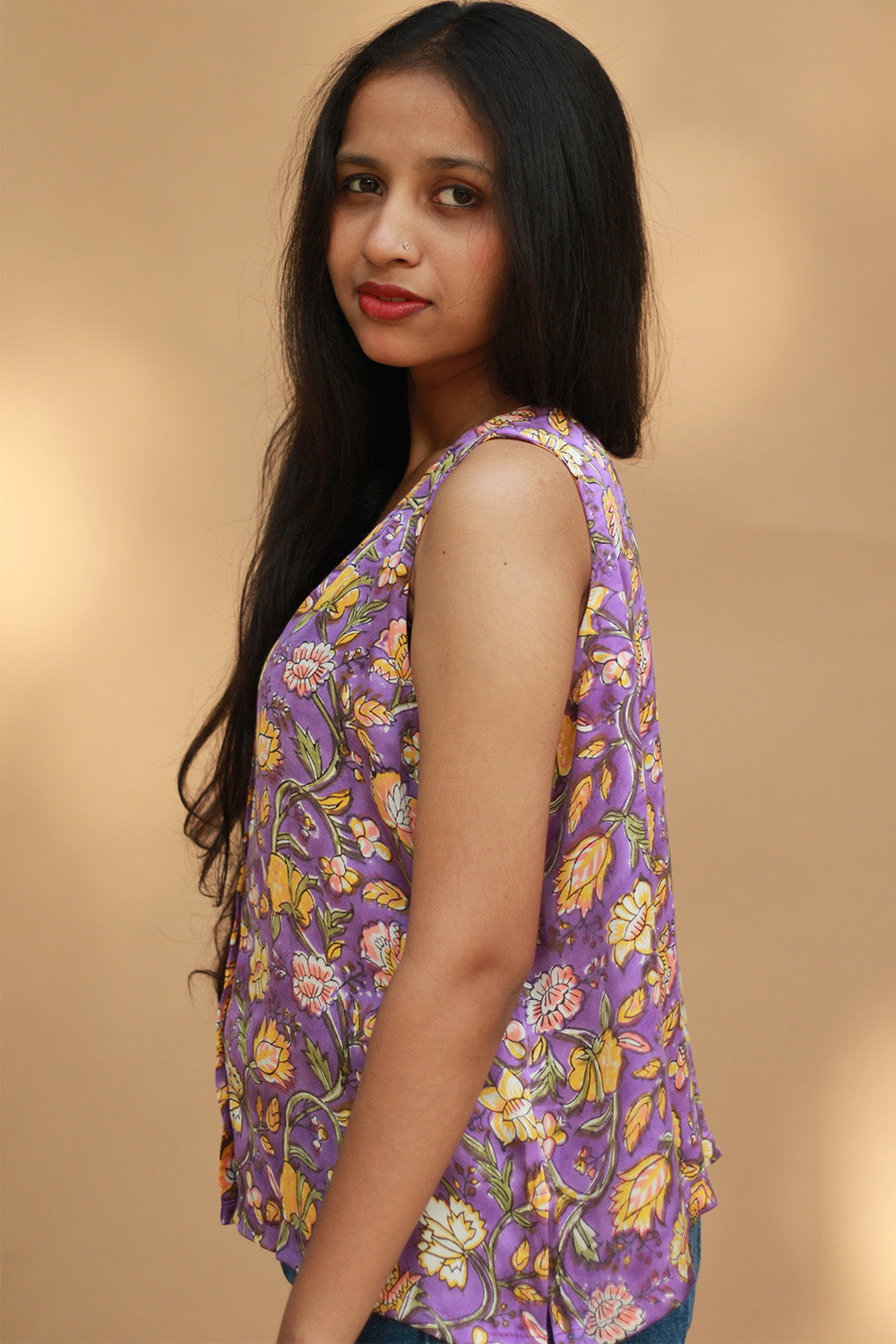 Front Buttoned Vest | Modal Silk | Purple Sanganeri