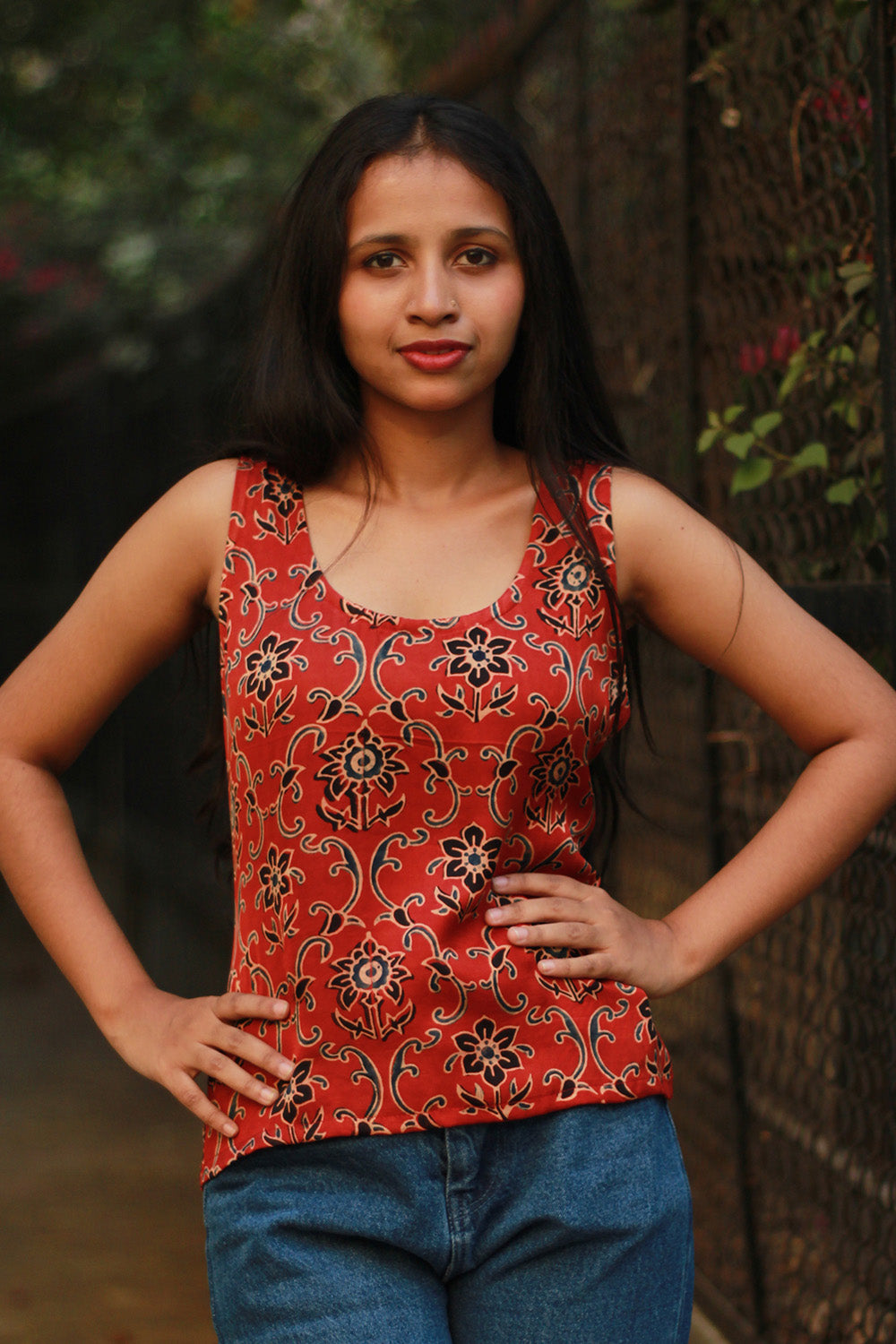 Sleeveless Top | Modal Silk | Rouge Floral Ajrakh