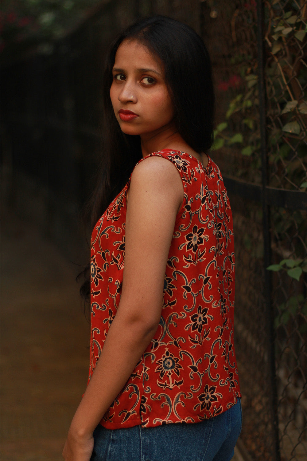 Sleeveless Top | Modal Silk | Rouge Floral Ajrakh