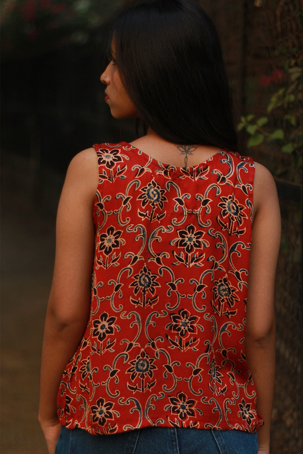 Sleeveless Top | Modal Silk | Rouge Floral Ajrakh