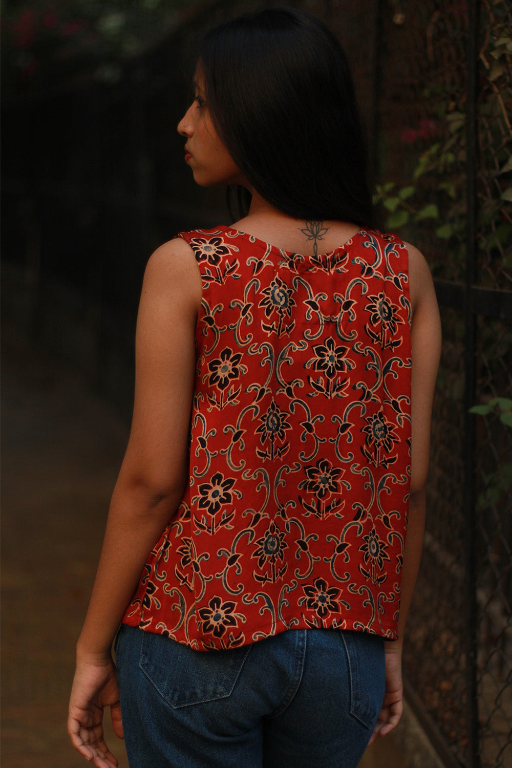 Sleeveless Top | Modal Silk | Rouge Floral Ajrakh