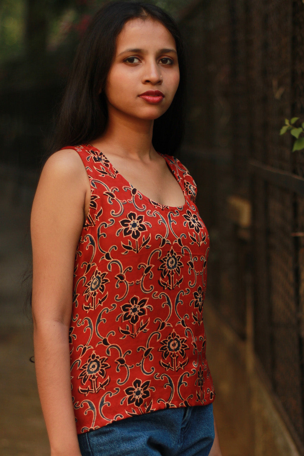 Sleeveless Top | Modal Silk | Rouge Floral Ajrakh