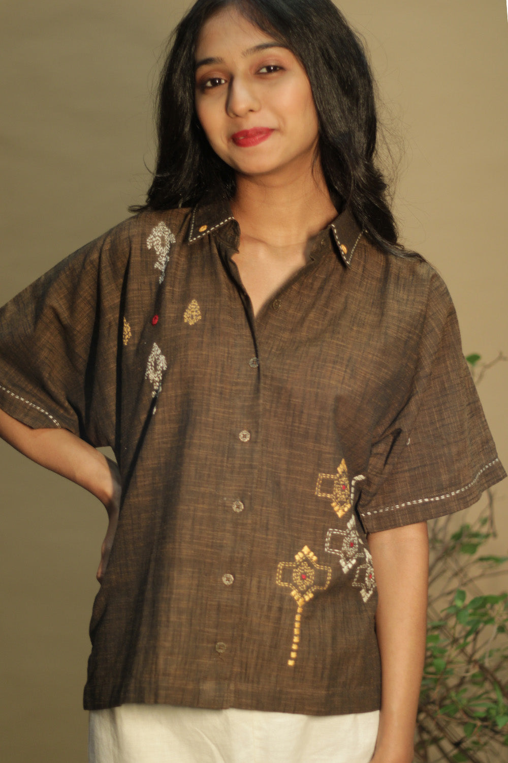 Ambrai | Embroidered Cotton Shirt | Cinnamon Brown Embroidered
