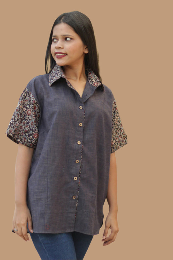 Cotton Shirt |  Deep Blue Brown | Noir Ajrakh Universe