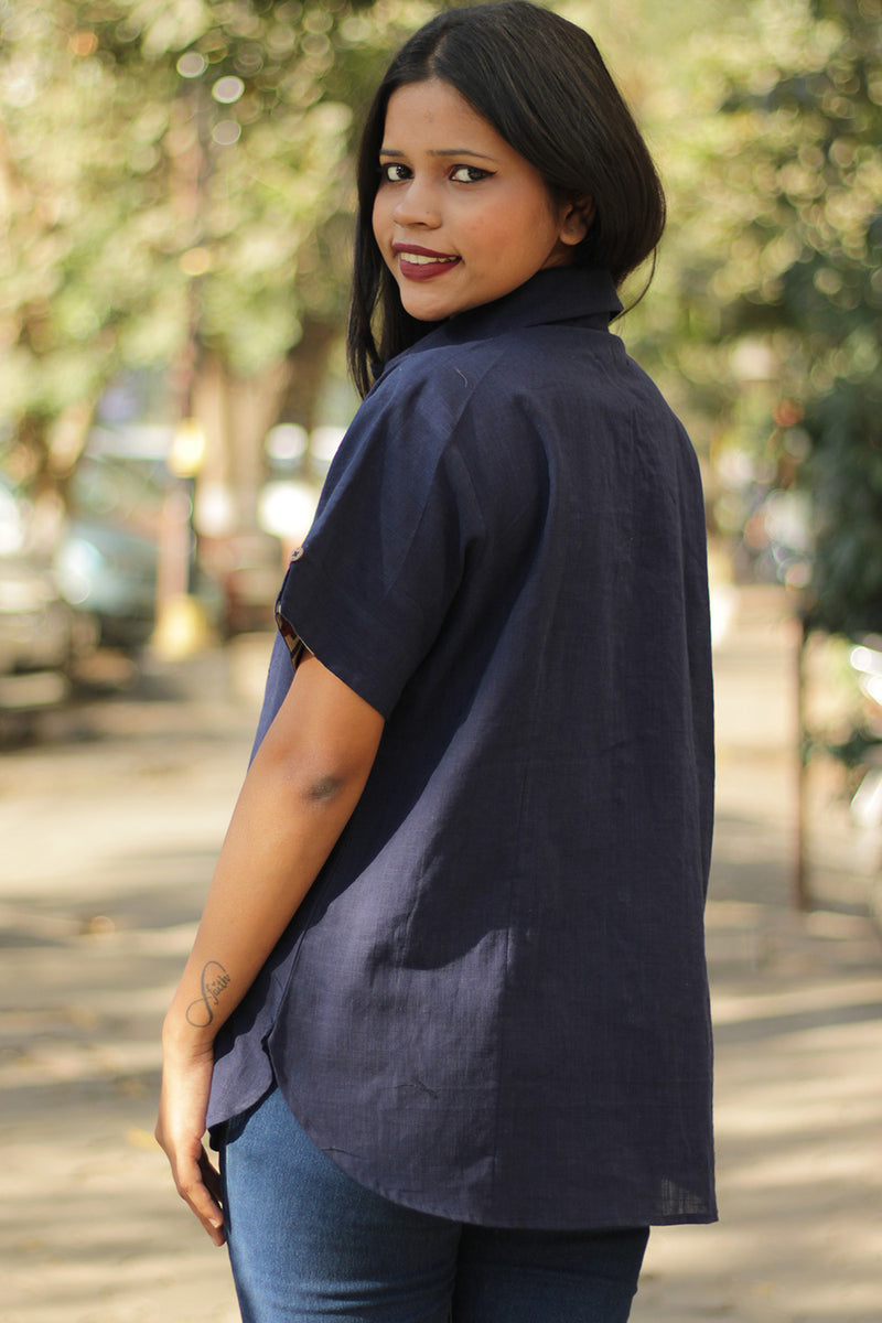 Cotton Shirt | Navy Blue with Ajrakh Shatkon