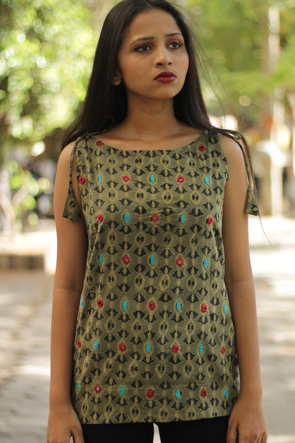 Chanchal | Dori Top | Green Embroidered Ajrakh