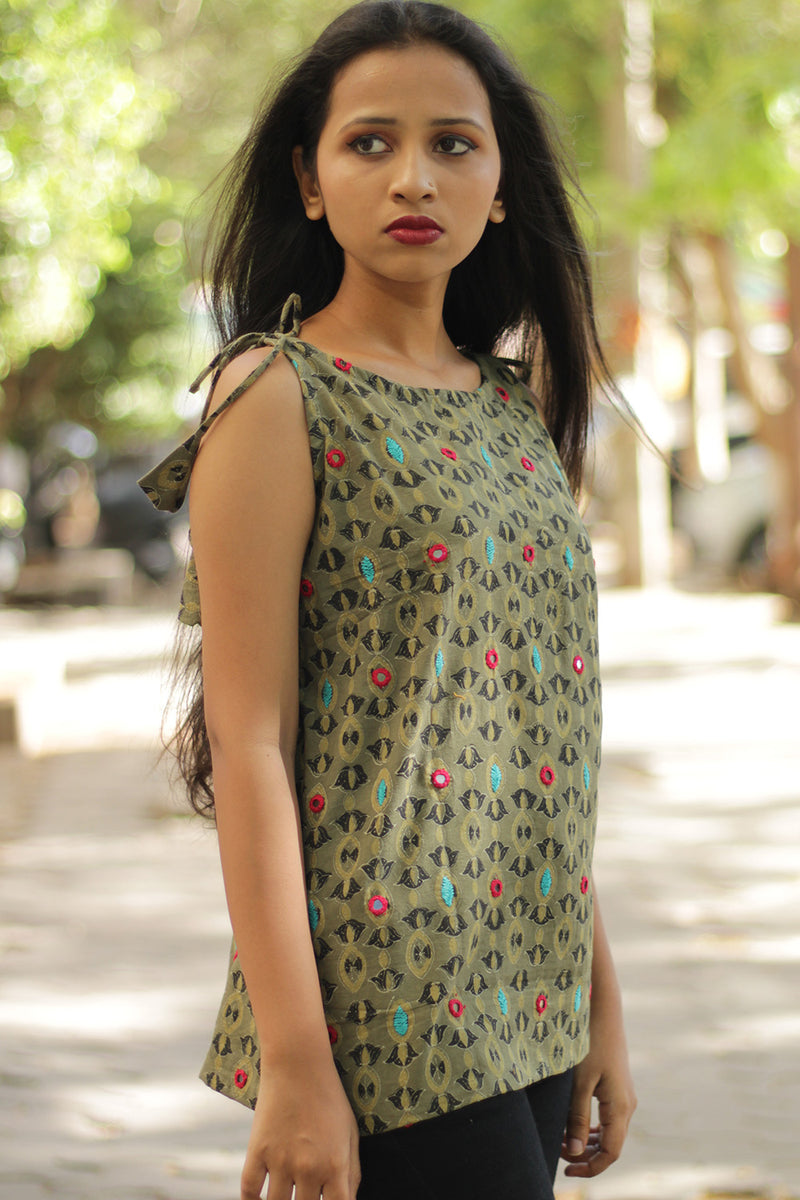 Chanchal | Dori Top | Green Embroidered Ajrakh