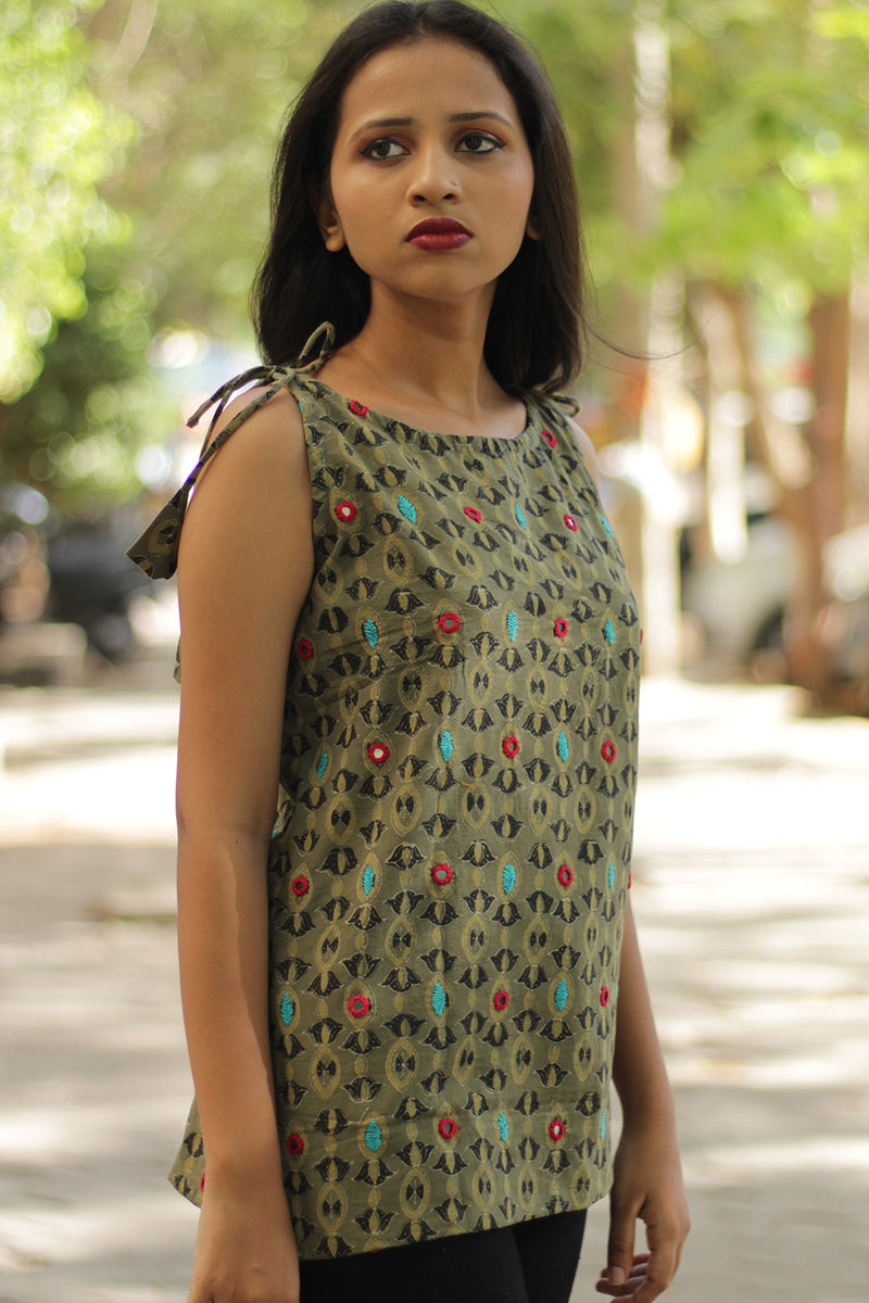 Chanchal | Dori Top | Green Embroidered Ajrakh