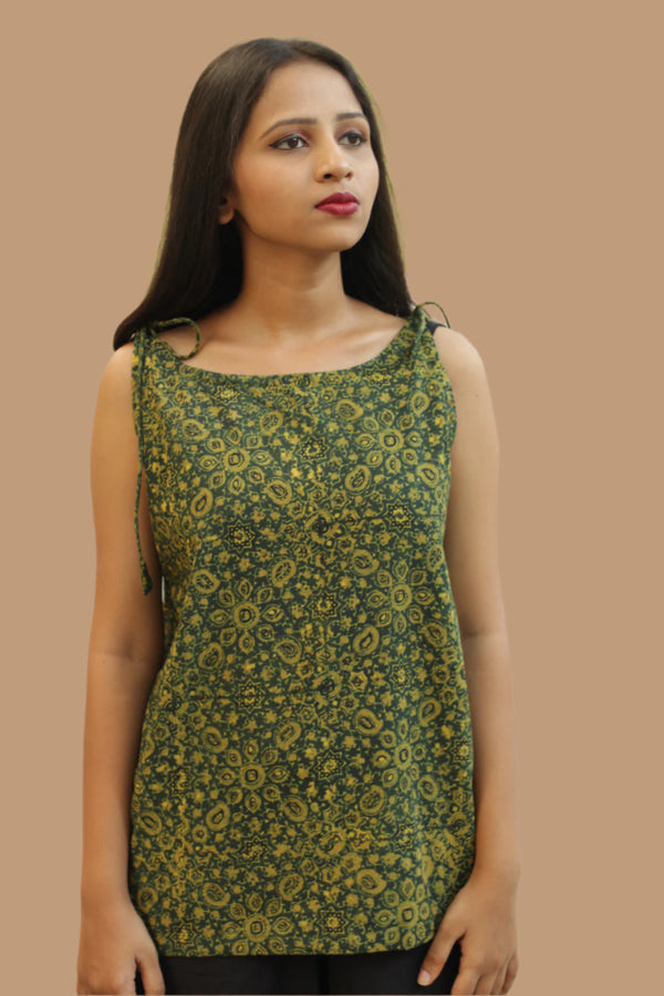 Chanchal | Dori Top | Green Floral Universe Ajrakh