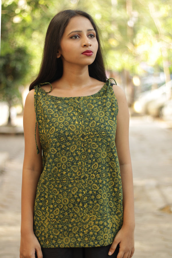 Chanchal | Dori Top | Green Floral Universe Ajrakh