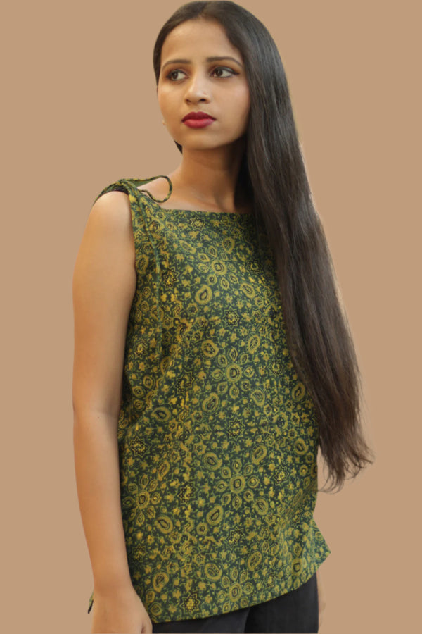 Chanchal | Dori Top | Green Floral Universe Ajrakh