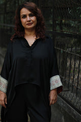 Banarasi Taarini | Collared Kaftan Top | Modal Silk | Noir