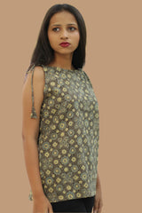 Chanchal | Dori top | Henna Green & Pale Yellow Universe Ajrakh