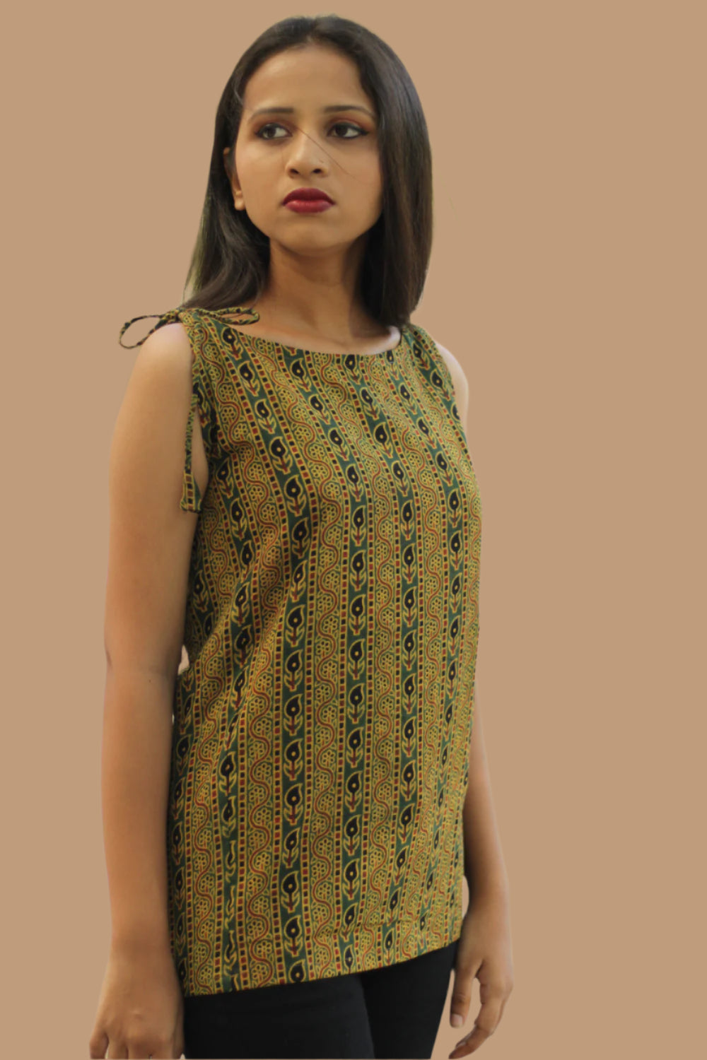 Chanchal | Dori Top | Green & Yellow Abstract Stripes Ajrakh