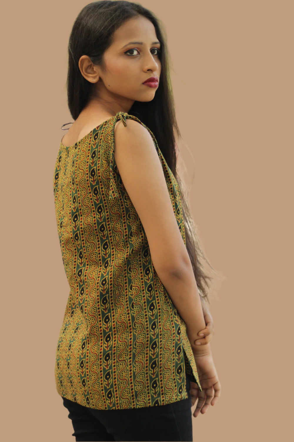Chanchal | Dori Top | Green & Yellow Abstract Stripes Ajrakh