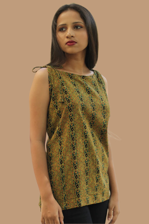 Chanchal | Dori Top | Green & Yellow Abstract Stripes Ajrakh