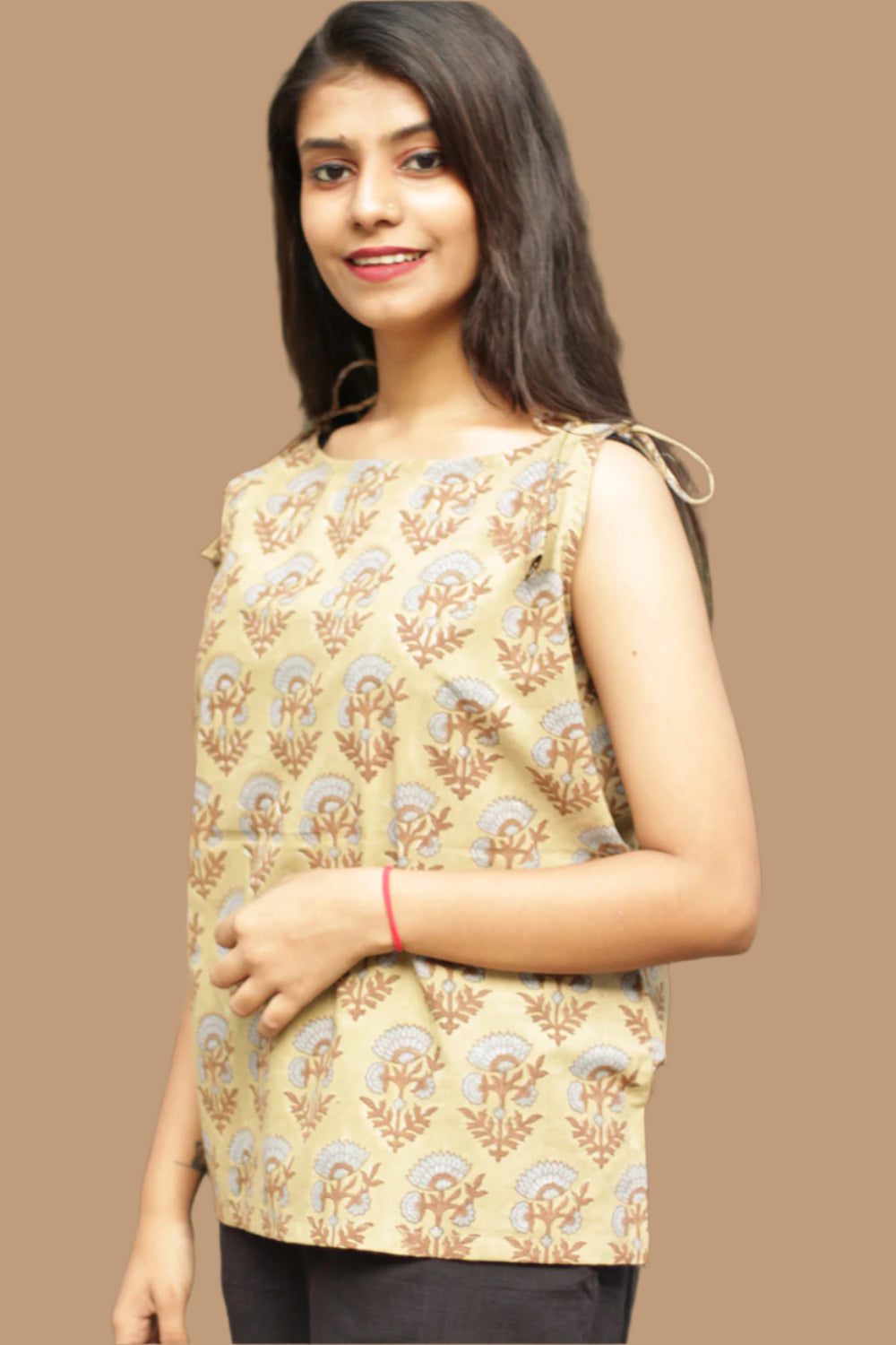 Chanchal | Dori Top | Sage Green Blue Blooms Bagru
