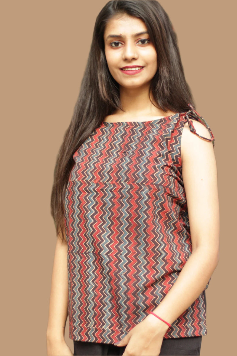 Chanchal | Dori Top | Red & Black Chevron Ajrakh