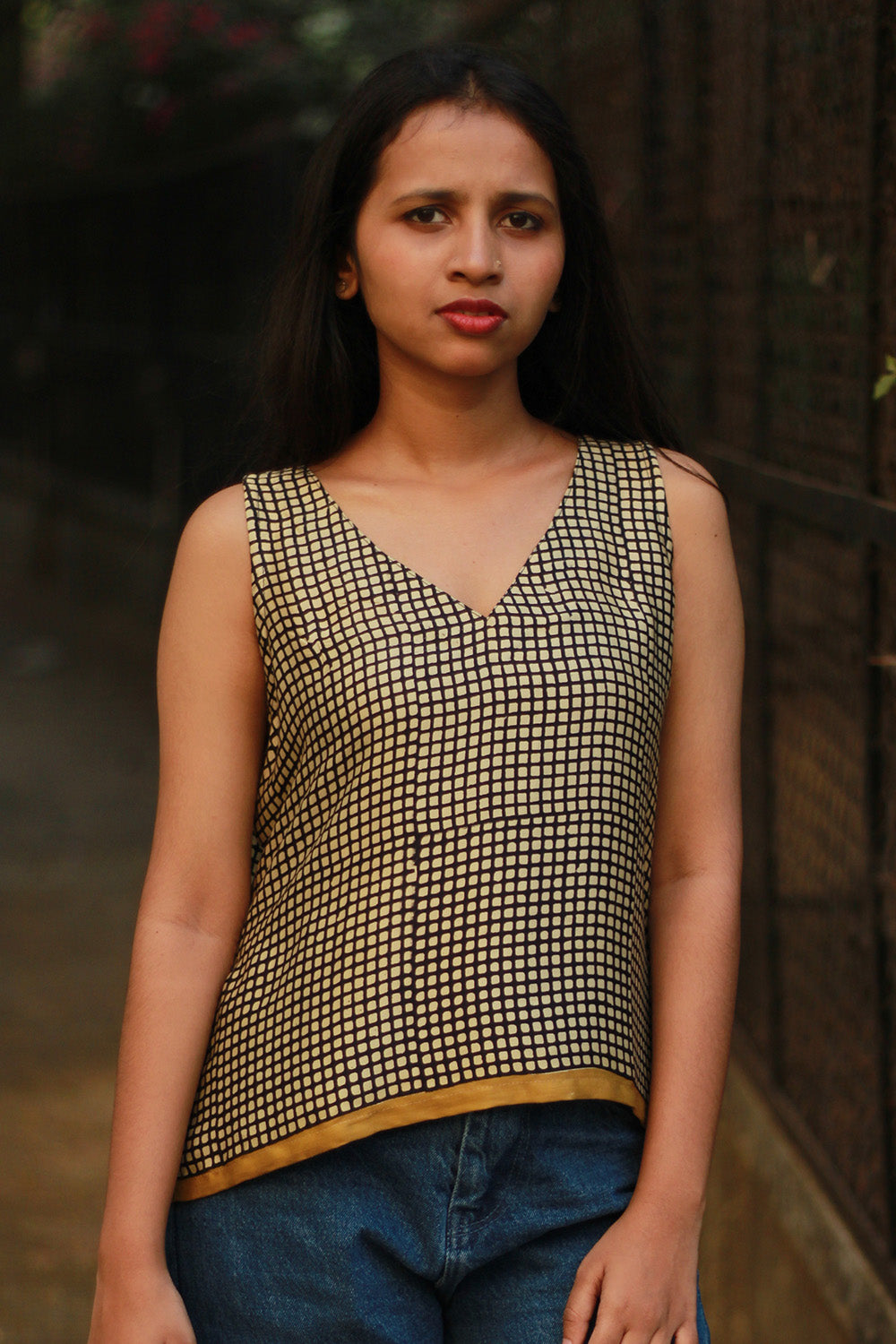 Sleeveless Top | Modal Silk | Black & White Checks